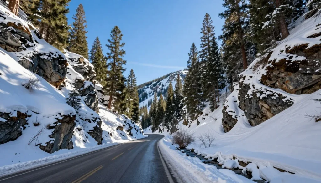 Big Cottonwood Canyon scenic mountain road surrounded by snow-covered peaks