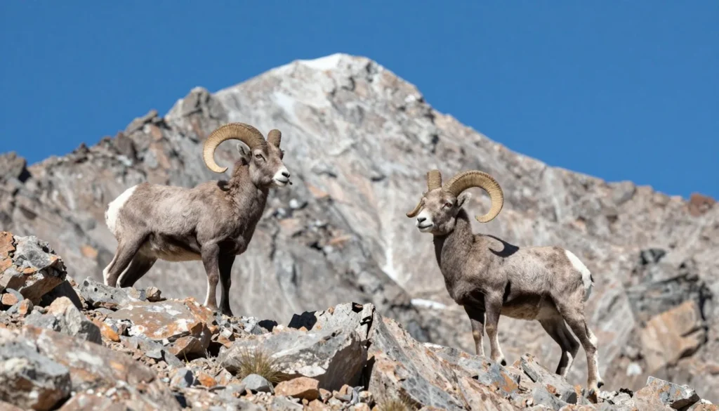 Bighorn sheep standing on rocky alpine terrain with Pikes Peak rocky summit in the background Bighorn sheep standing on rocky alpine terrain with Pikes Peak rocky summit in the background