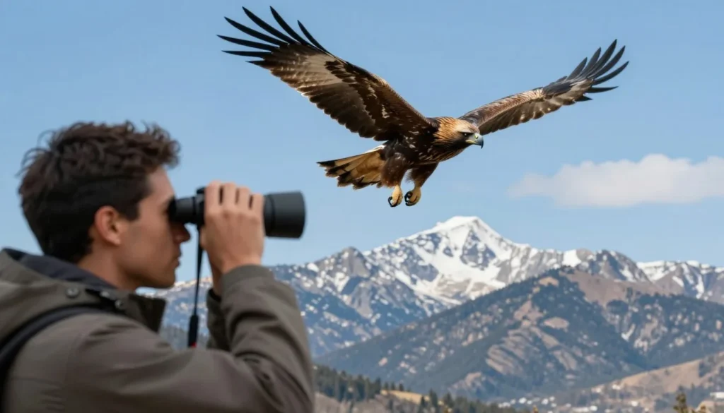 Bird watcher with binoculars observing golden eagle soaring over Bear River Range