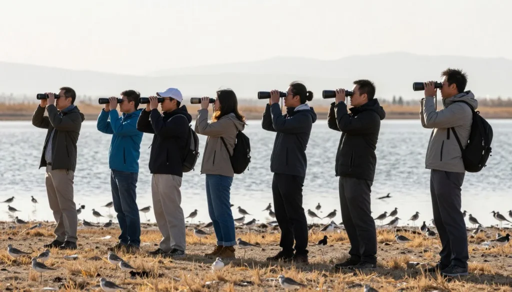 Birdwatchers observing shorebirds at Great Salt Lake State Park Birdwatchers observing shorebirds at Great Salt Lake State Park