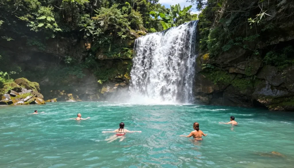 Blue Hole waterfall with visitors swimming in crystal clear turquoise pool in Tennessee