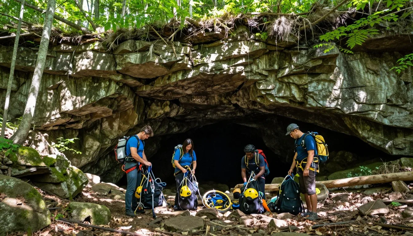 Blue Spring Cave Tennessee entrance surrounded by lush forest with diverse group of explorers preparing equipment