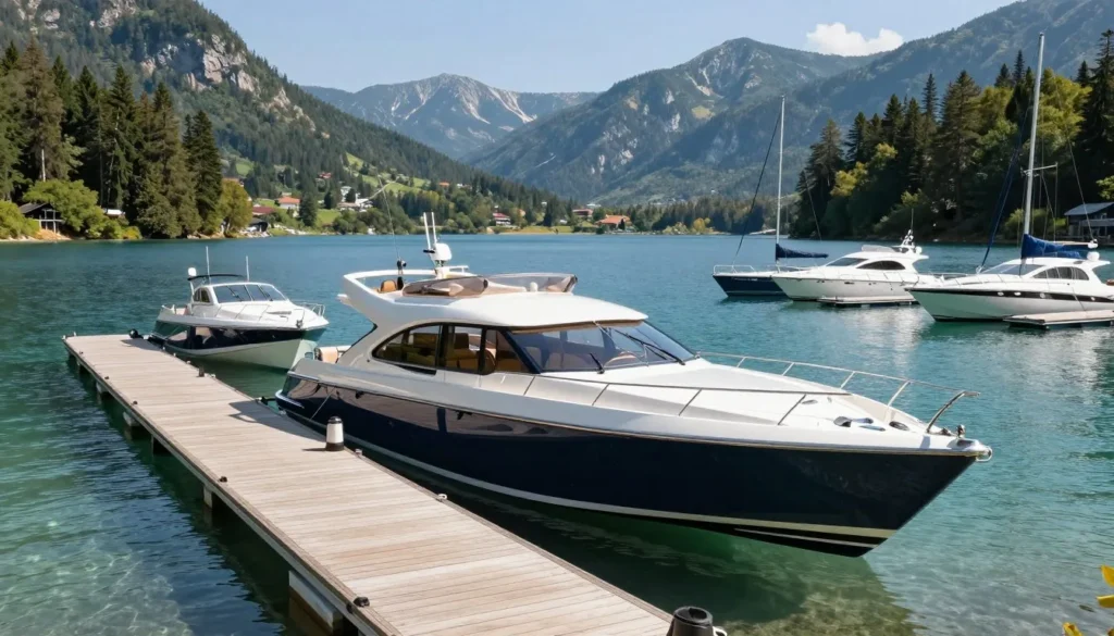 Boats docked at Navajo Lake marina with calm water and mountain views Boats docked at Navajo Lake marina with calm water and mountain views