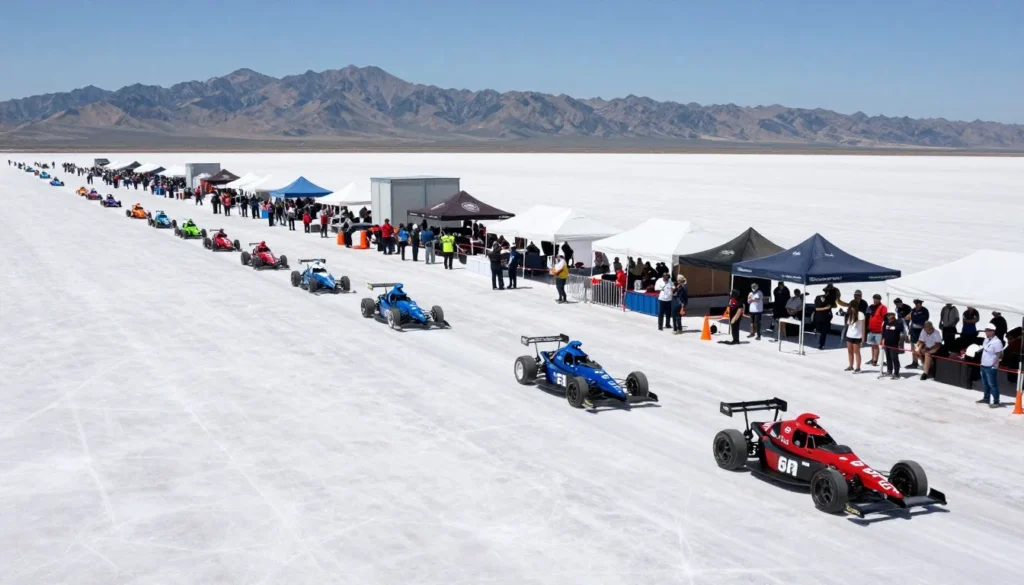 Bonneville racing event with multiple vehicles and spectators