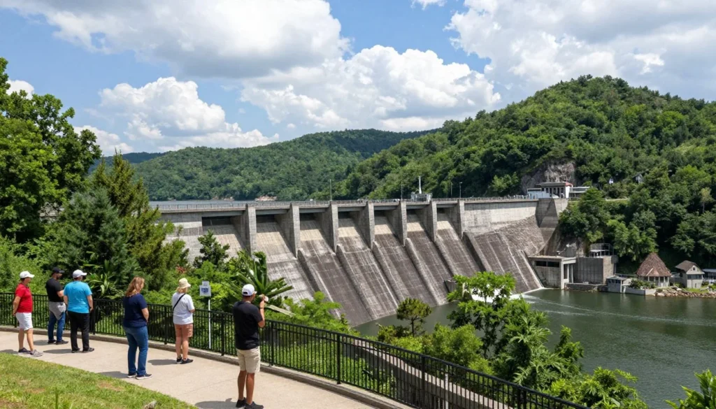 Boone Dam structure with water flowing and mountain landscape