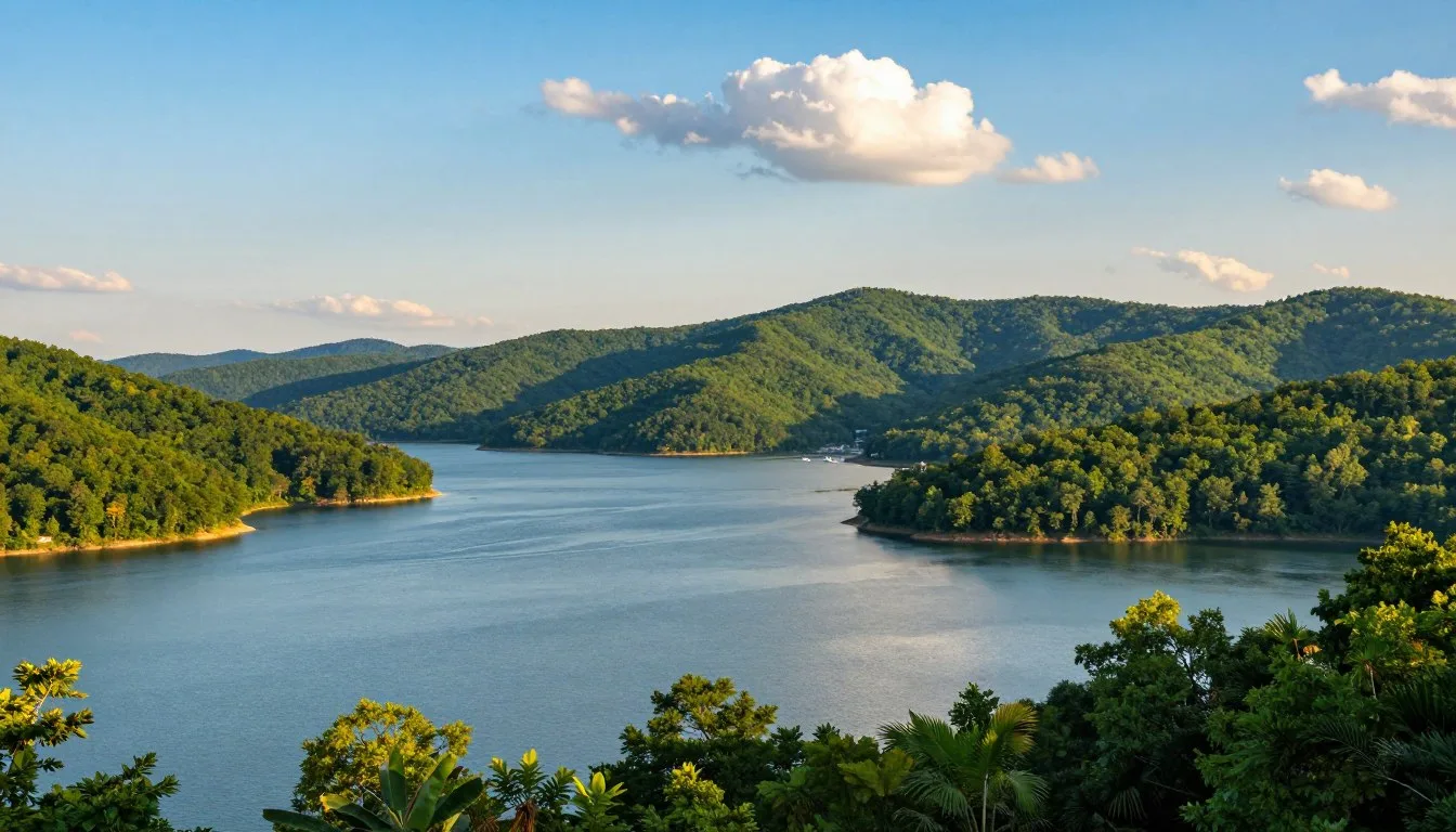 Boone Lake Tennessee reservoir surrounded by rolling green hills under blue sky