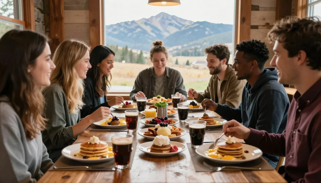 Breakfast spread at mountain cafe with diverse friends sharing meal