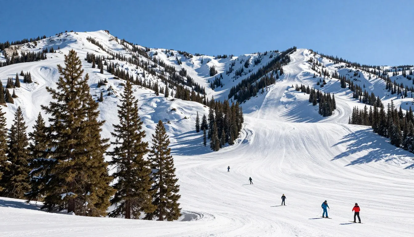 Brighton Resort Utah winter landscape with snow-covered mountain slopes and pine trees under blue sky