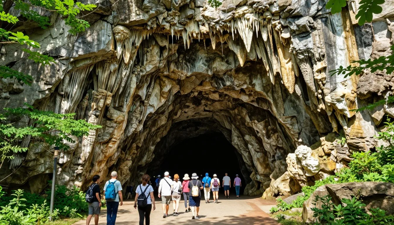 Bristol Caverns Tennessee entrance with natural rock formations and lush vegetation