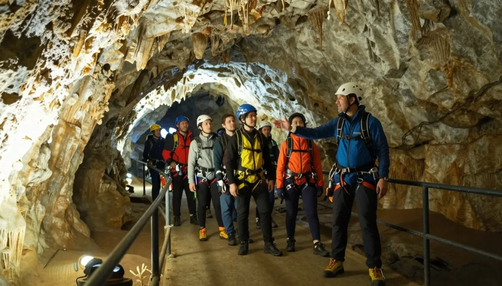 Bristol Caverns guide leading tour group safely through cave passage