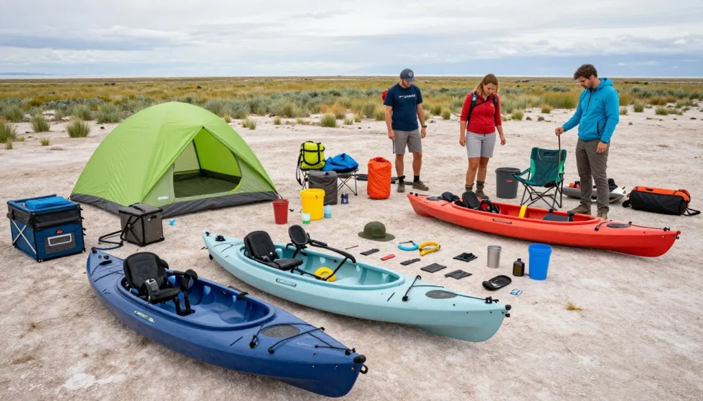 Budget camping gear and kayak prepared for Great Salt Lake expedition Budget camping gear and kayak prepared for Great Salt Lake expedition