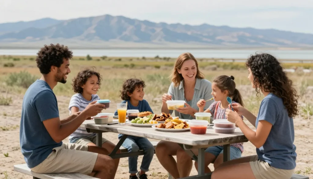 Budget-friendly family enjoying Great Salt Lake State Park picnic Budget-friendly family enjoying Great Salt Lake State Park picnic