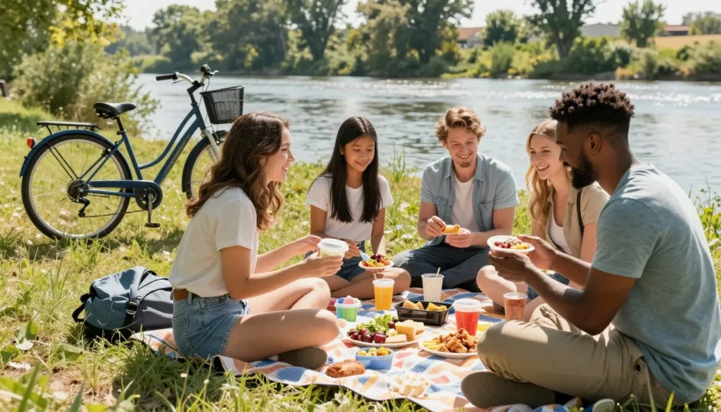 Budget travelers enjoying picnic along South Platte River Trail Budget travelers enjoying picnic along South Platte River Trail