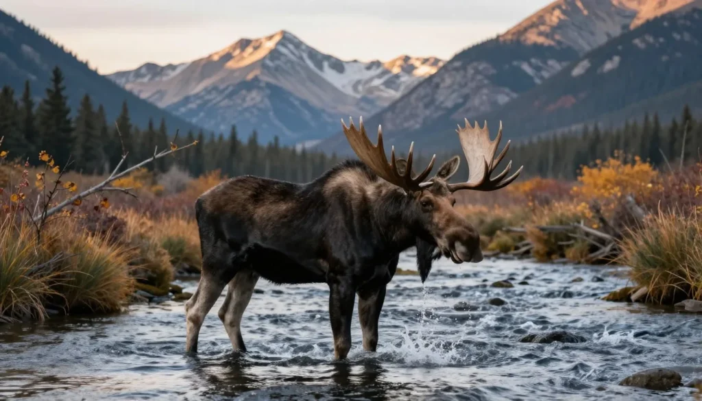 Bull moose standing in stream with Bear River Range mountains behind
