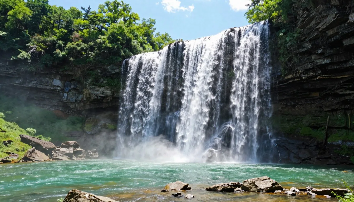Burgess Falls Tennessee main waterfall cascading over rocky cliffs into pristine pool below