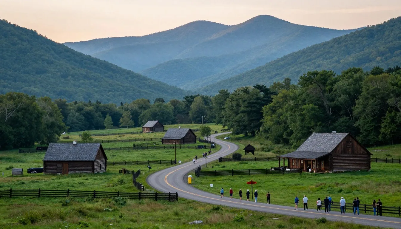 Cades Cove Loop Road Tennessee scenic valley view with historic buildings and mountains