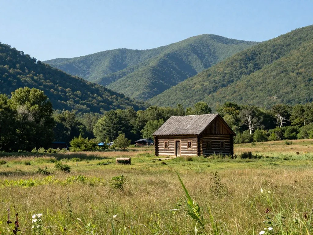 Cades Cove valley with historic buildings and mountains