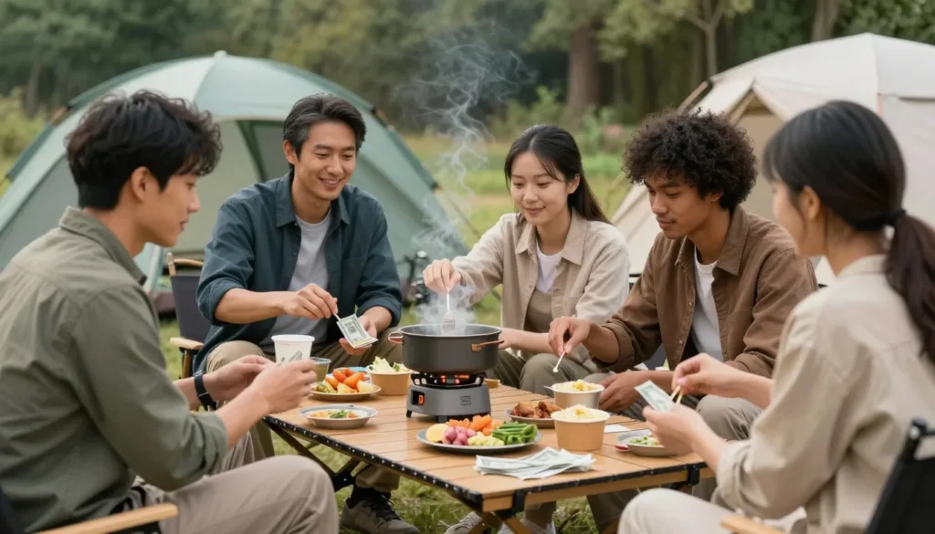 Campers preparing meal at campsite Campers preparing meal at campsite