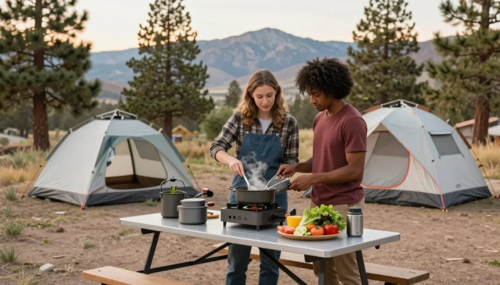 Campers preparing meal at campsite at Jordanelle State Park