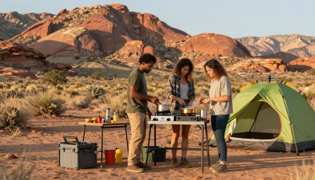 Campers preparing meal at scenic campsite with red rock views
