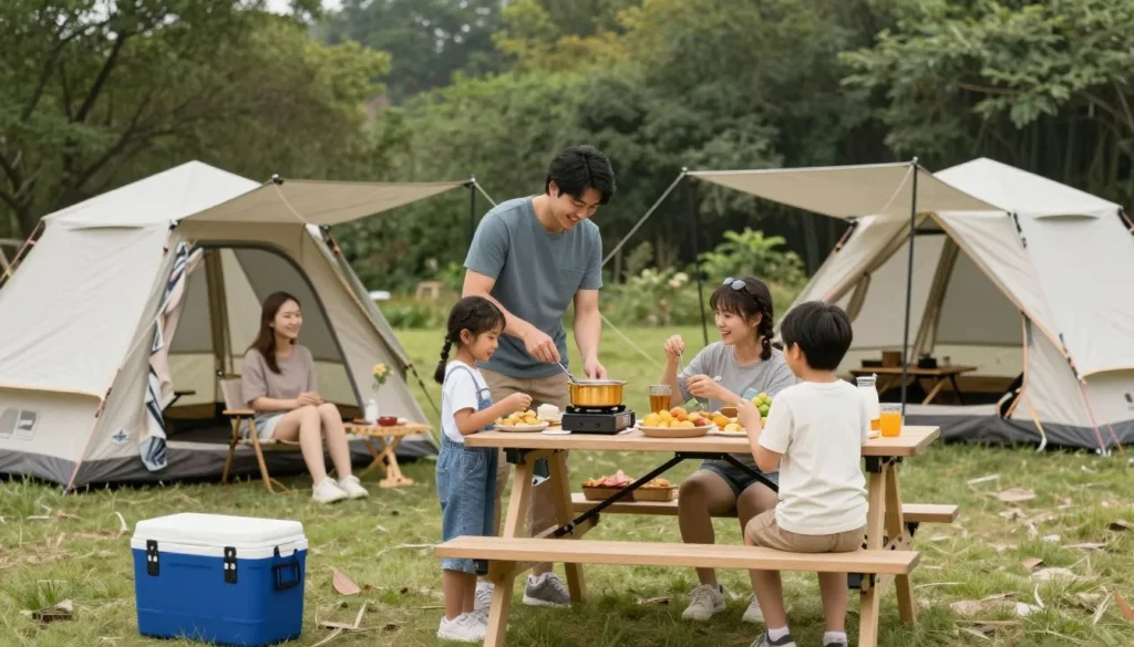 Campers preparing meals at campsite Campers preparing meals at campsite