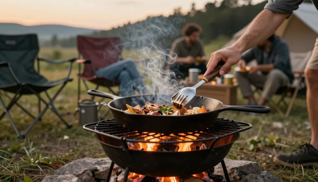 Campfire cooking setup with camping cookware Campfire cooking setup with camping cookware