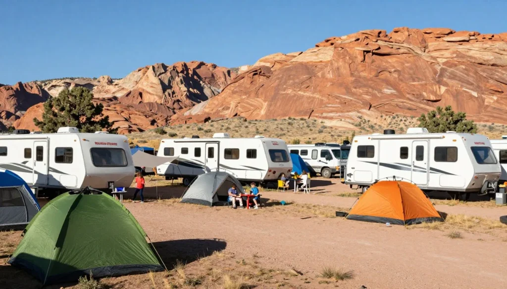 Campground at Lake Pueblo State Park with tents and RVs Campground at Lake Pueblo State Park with tents and RVs