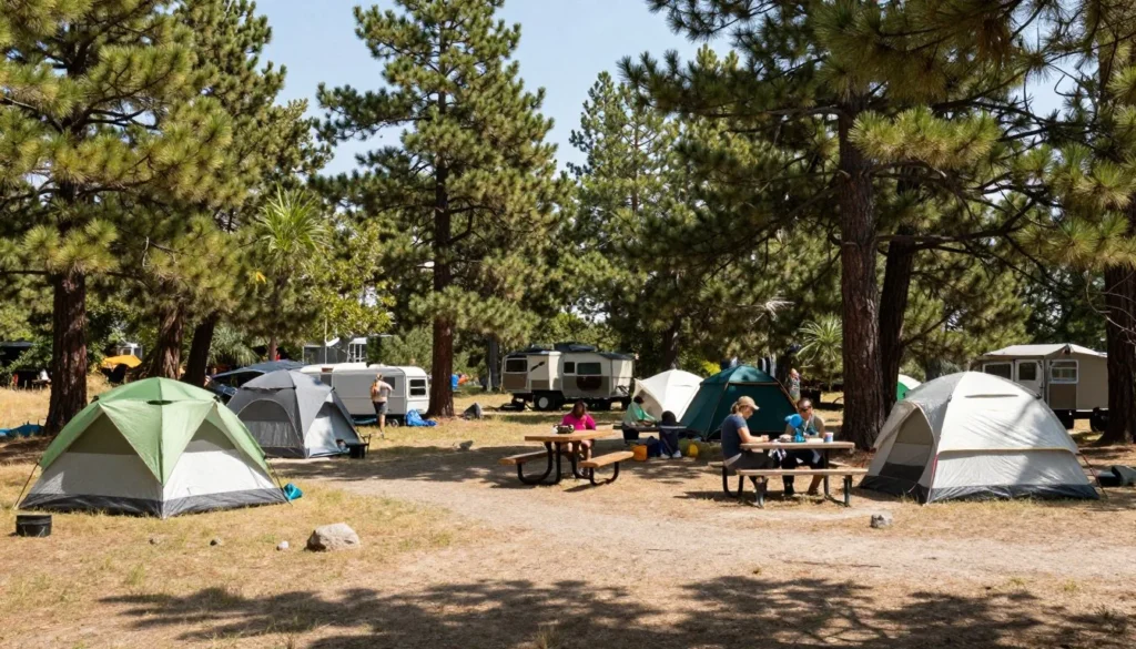 Camping area at Rifle Falls State Park with tents among trees Camping area at Rifle Falls State Park with tents among trees