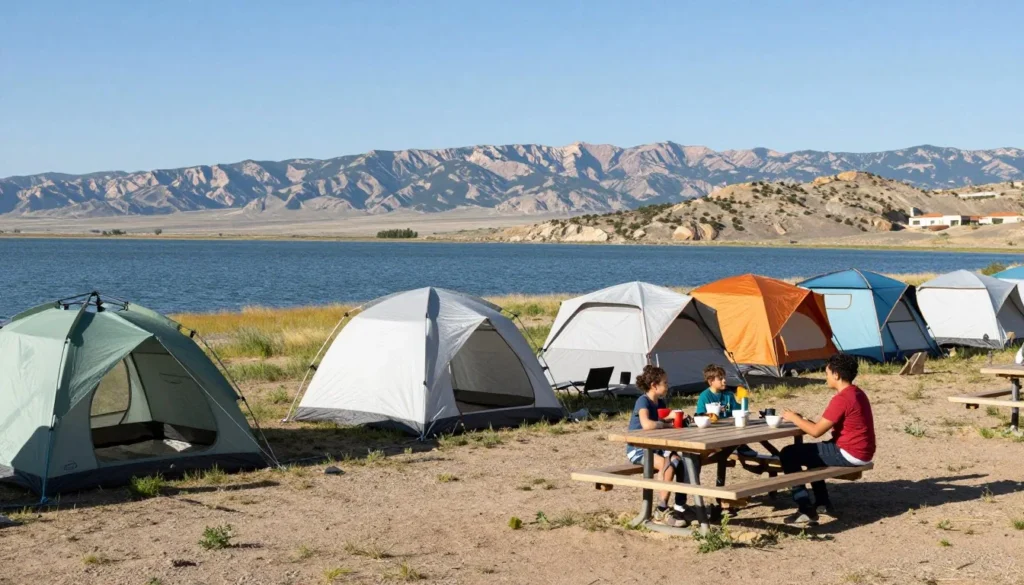 Camping area near Pyramid Lake Nevada with tents and lake view