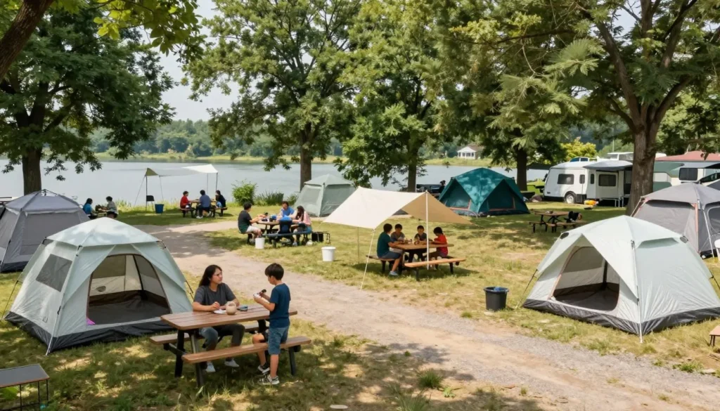 Camping area with tents nestled among trees near lake