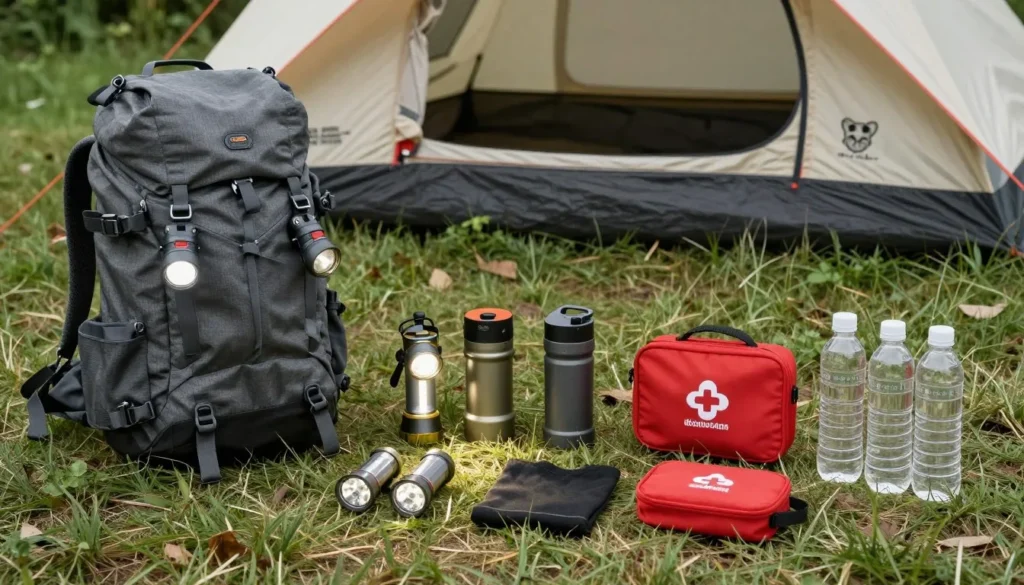 Camping gear and supplies organized at campsite Camping gear and supplies organized at campsite