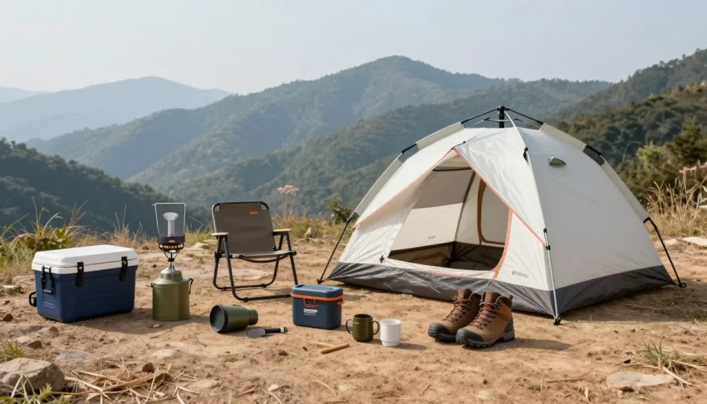 Camping gear and supplies organized at campsite Camping gear and supplies organized at campsite