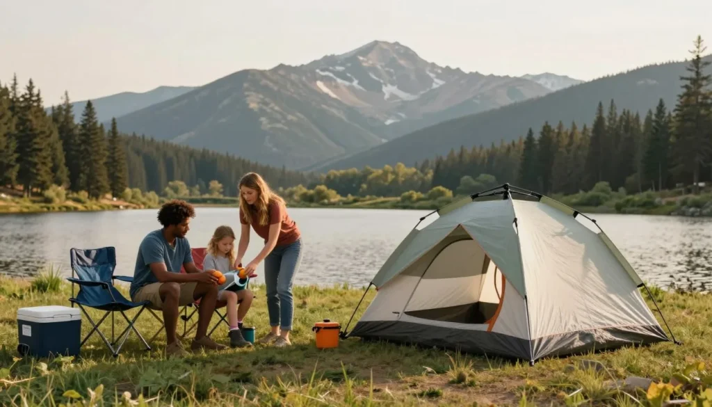Camping setup at Spinney Mountain State Park with tent and mountain views Camping setup at Spinney Mountain State Park with tent and mountain views