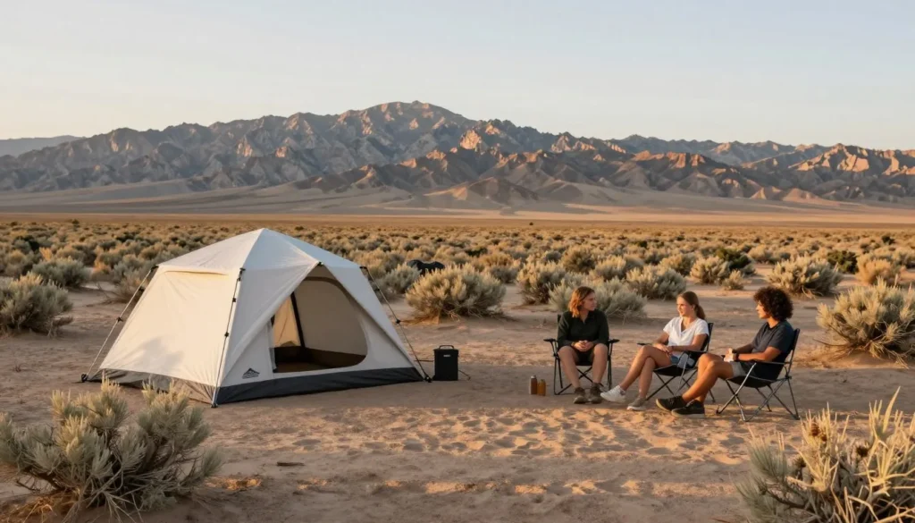 Camping setup in Railroad Valley with tent and desert surroundings
