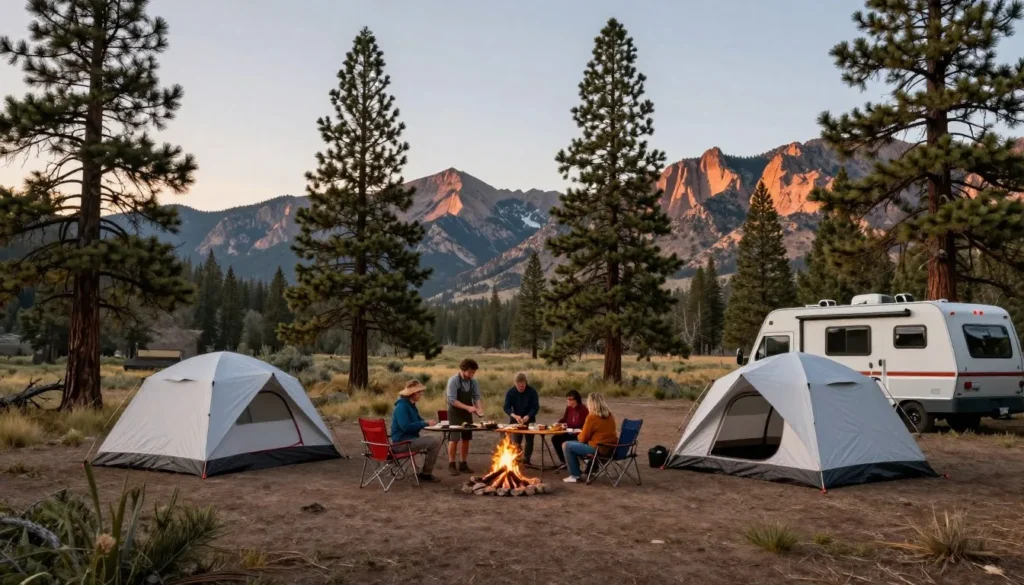 Camping site in Pine Forest Range Nevada with tents under pine trees