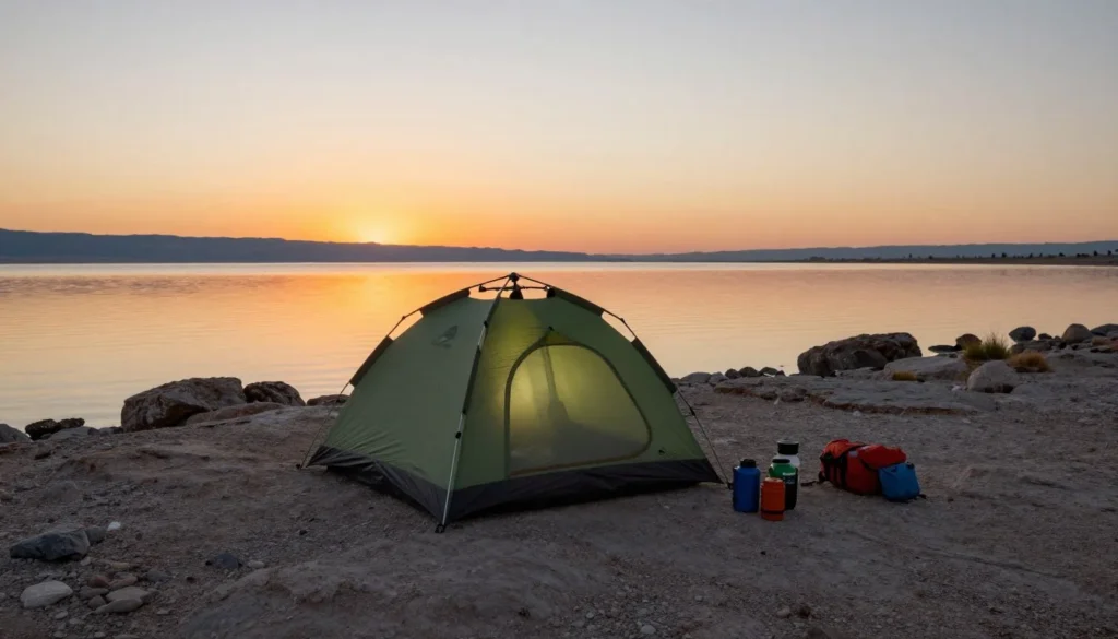 Camping tent on rocky island shore with sunset colors Camping tent on rocky island shore with sunset colors