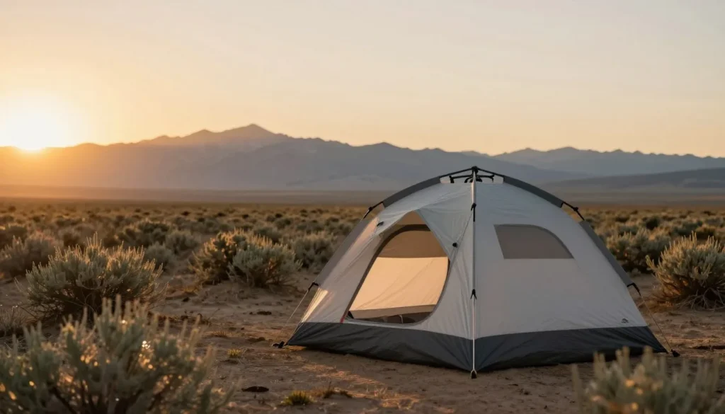 Camping tent setup in desert landscape with mountain views at sunset