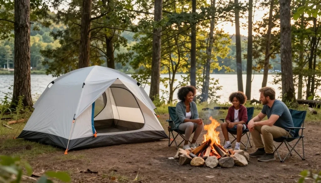 Camping tent setup near Cedar Creek Lake with campfire and lake view in background