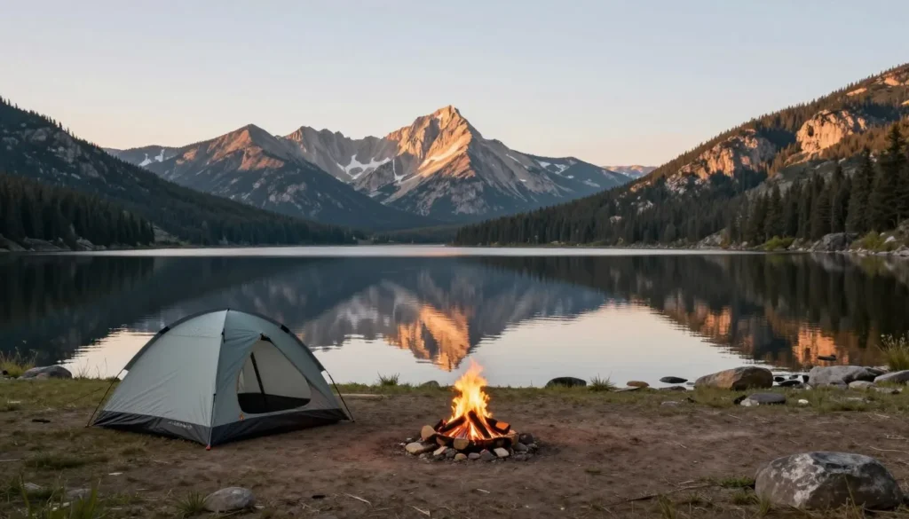 Camping tent setup near Spinney Mountain Reservoir shoreline at sunset Camping tent setup near Spinney Mountain Reservoir shoreline at sunset