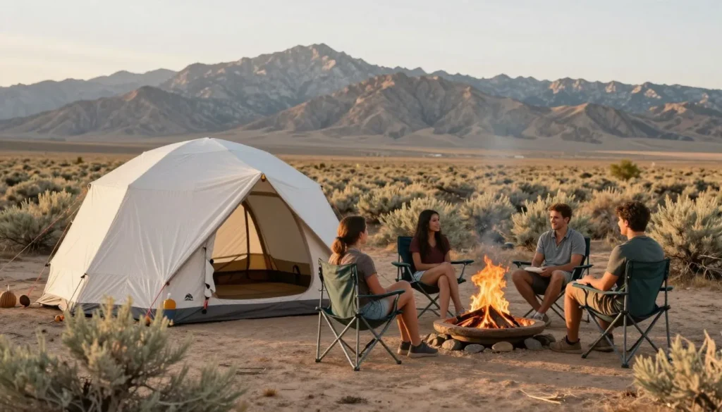 Campsite in Round Mountain Recreation Area with tent and campfire ring Campsite in Round Mountain Recreation Area with tent and campfire ring