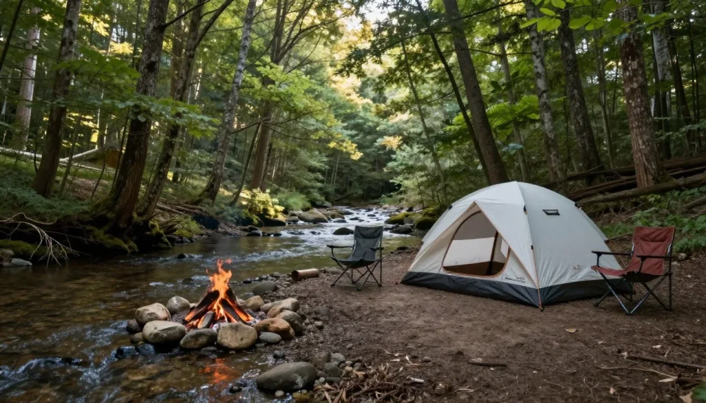 Campsite setup in Cherokee National Forest with tent near mountain stream and forest surroundings