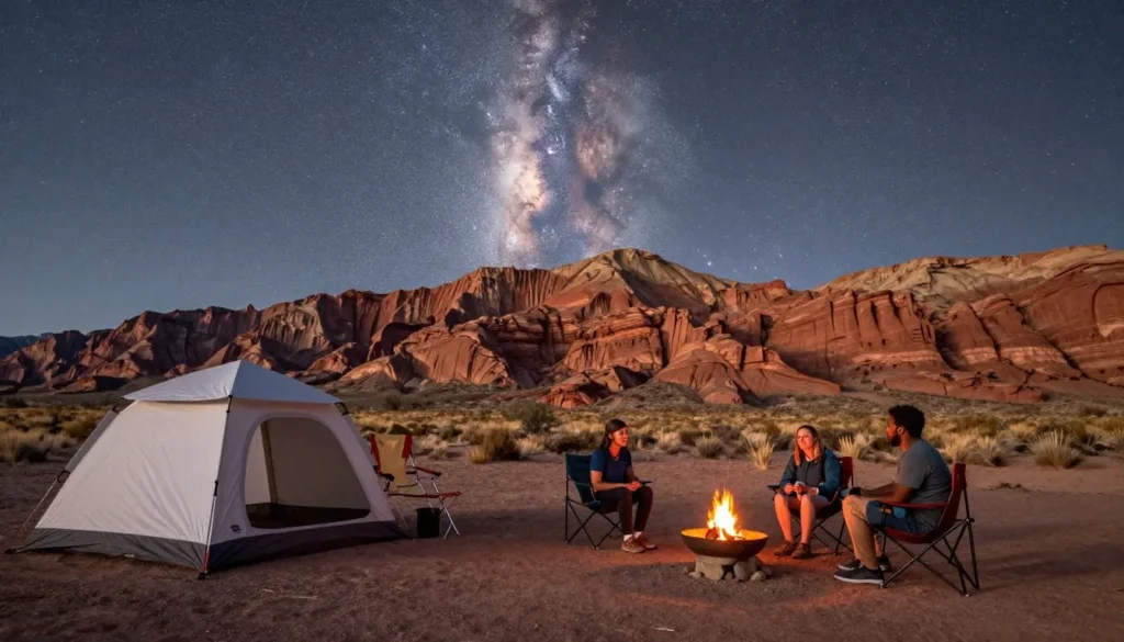 Campsite with tent and campfire in Paradox Valley at sunset
