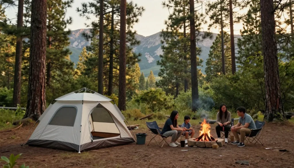 Campsite with tent in San Isabel National Forest surrounded by mountains Campsite with tent in San Isabel National Forest surrounded by mountains