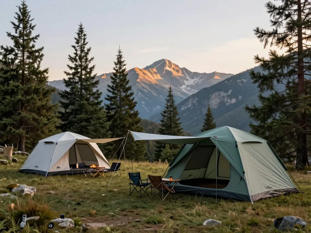 Campsite with tent in mountain setting
