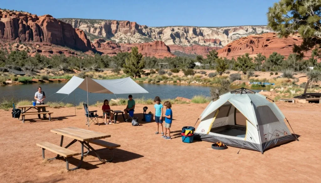 Campsite with tent near reservoir and red rock cliffs Campsite with tent near reservoir and red rock cliffs