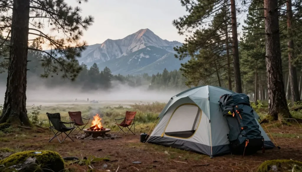 Campsite with tent set up among pine trees with mountain backdrop Campsite with tent set up among pine trees with mountain backdrop