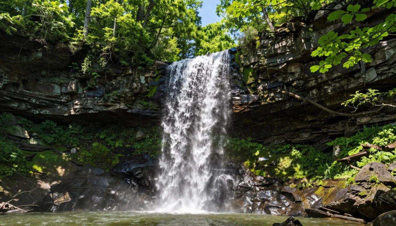 Cane Creek Falls cascading through lush Tennessee forest with sunlight filtering through trees