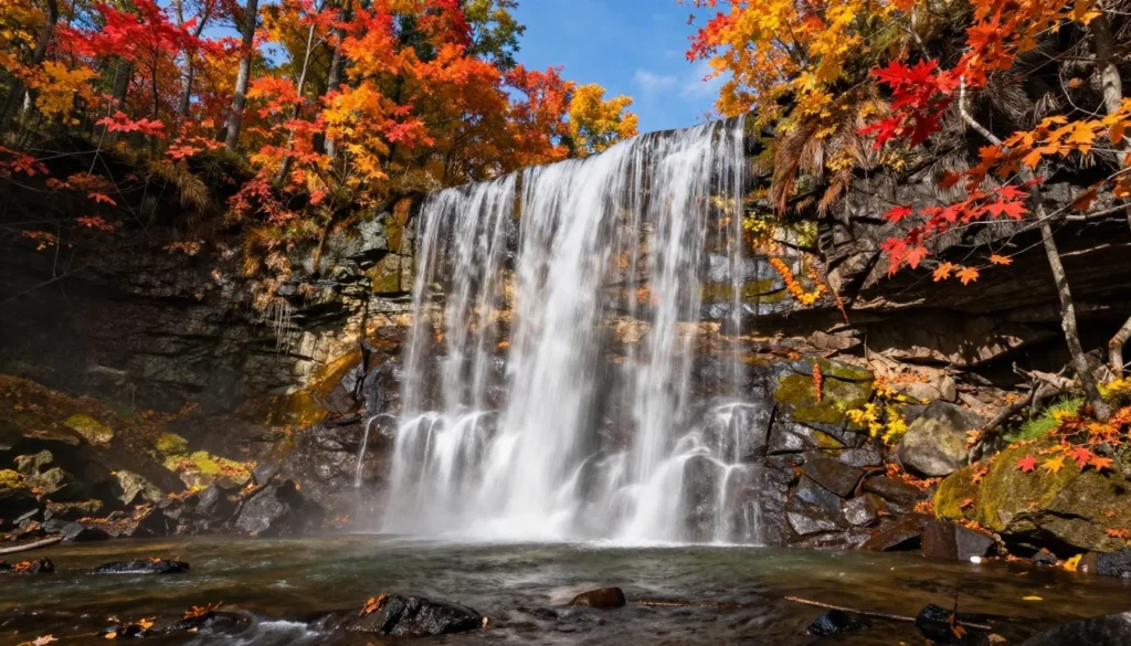 Cane Creek Falls during autumn with colorful fall foliage surrounding the waterfall