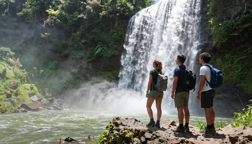 Cane Creek Falls with hikers viewing from rocky observation point