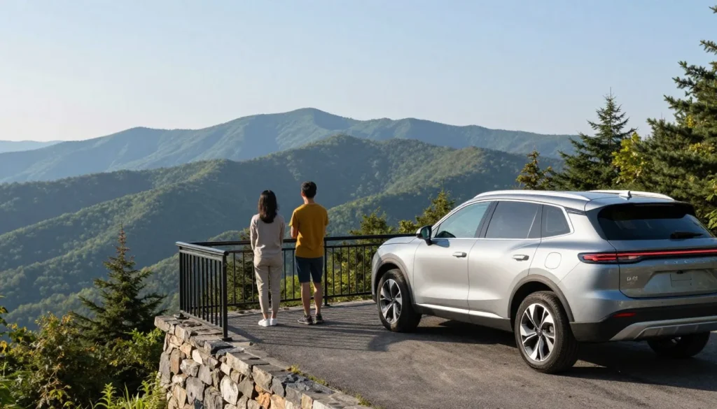 Car parked at scenic overlook in Great Smoky Mountains near Cedar Island